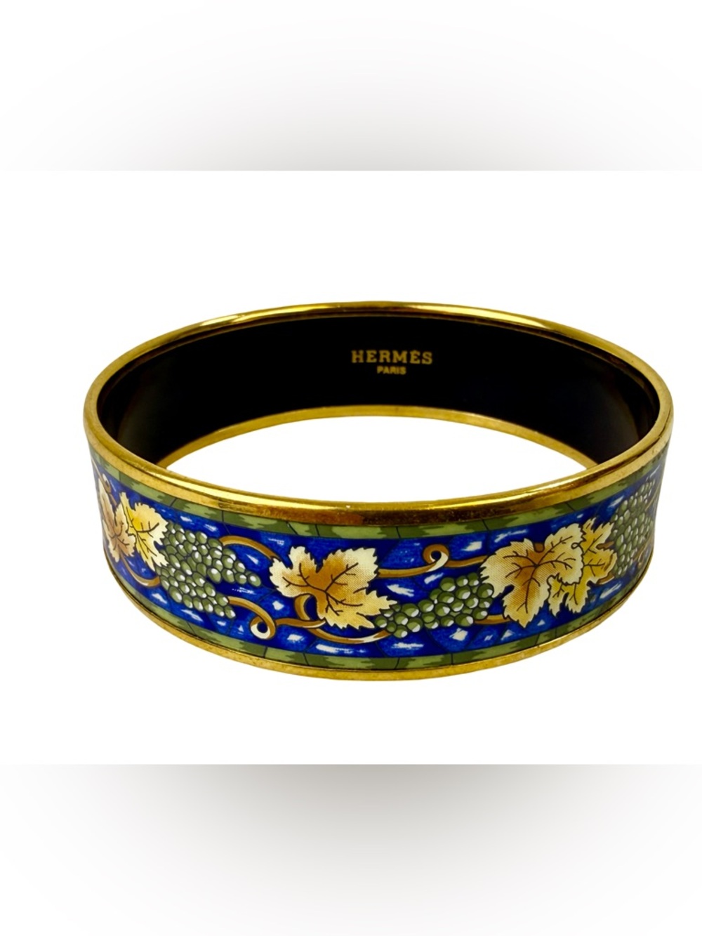 HERMES “GRAPE WINE” PRINTED WIDE ENAMEL BANGLE BRACELET